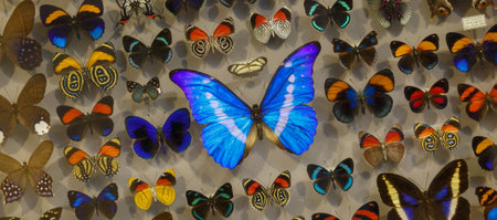 Exposition of variety of dead butterflies pinned on board under glass