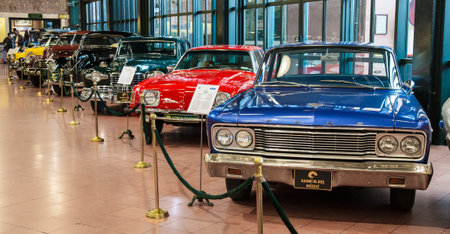 Istanbul, Turkey, 23 March 2019: Classic cars in Rahmi M. Koc Industrial Museum. Koc museum has one of the biggest auto vehicles collection in Turkey. Hall of vintage nostalgic antique autos exhibitedのeditorial素材