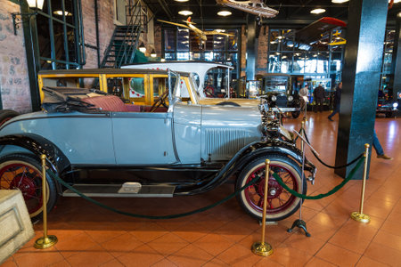 Istanbul, Turkey, March 2019: Classic cars in Rahmi M. Koc Industrial Museum. Koc museum has one of the biggest auto vehicles collection in Turkey. Hall of vintage nostalgic antique autos exhibitedのeditorial素材