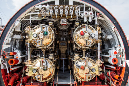 Istanbul, Turkey, 23 March 2019: Torpedo room on a combat submarine torpedo launching tube. Rahmi M. Koc Industrial Museumのeditorial素材