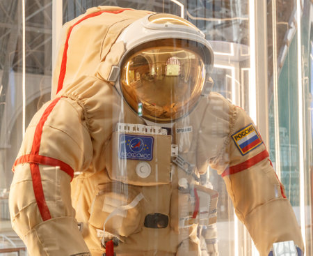 Moscow, Russia - November 28, 2018: Russian astronaut spacesuits in Moscow space museum that was specially developed for space vehicle missionsのeditorial素材