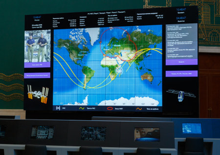 Moscow, Russia - November 28, 2018: Mission control center in Pavilion Space and Transport. Interior...