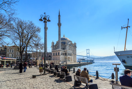 Istanbul, Turkey - March 26, 2019: View of Ortakoy mosque and Bosphorus bridge in Besiktas. Located at the waterside of the Ortakoy pier square, one of the most popular locations on the Bosphorusのeditorial素材