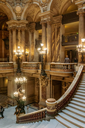 Paris, France, March 31, 2017: Interior view of the Opera National de Paris Garnier, France. It was built from 1861 to 1875. Garnier stairway, interior. Is the most famous Opera in the worldのeditorial素材