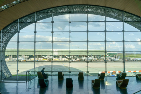Paris, France, April 1, 2017: Hall of departure in the terminal of Roissy Charles de Gaulle...