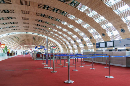 Paris, France, April 1, 2017: Hall of departure in the terminal of Roissy Charles de Gaulle International Airport, Paris, France, is a hub for the French airline Air Franceのeditorial素材