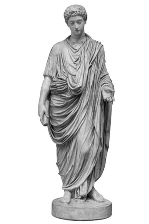 Young roman emperor Commodus statue isolated over white background. Lucius Aurelius Commodus reign is commonly considered to mark the end of the golden period in the history of the Roman Empireの写真素材