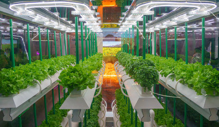 Soilless culture of vegetables under artificial light. Organic hydroponic vegetable garden. LED light Indoor farm, Agriculture Technology. Inside a warehouse without the need for sunlightの写真素材