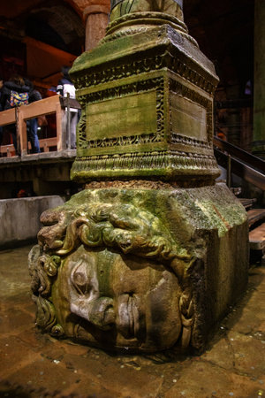 Istanbul, Turkey - March 25, 2019. Upside-down head of Medusa located at northwest edge of the subterranean Basilica Cistern, also known as Yerebatan Sarnici. Ancient Constantinople architectureのeditorial素材