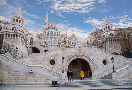 Budapest, Hungary, March 27 2018: Fisherman Bastion a terrace located on the Buda bank of the Danube at the Castle hill built on 1902のeditorial素材