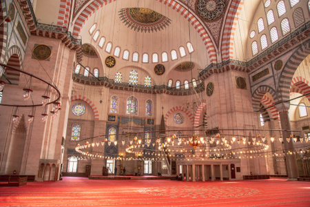 Istanbul, Turkey, 25 March 2019: Suleymaniye Mosque interior view in Istanbul, Turkey. Suleymaniye Mosque is a mosque built by Mimar Sinan in 1551-1557 on behalf of Suleiman the Magnificentのeditorial素材