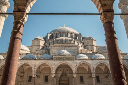 Istanbul, Turkey, 25 March 2019: Suleymaniye Mosque in summer, Turkey. Suleymaniye Mosque is a famous landmark of Istanbul. Sunny view of courtyard of the Suleymaniye Camii. Magnificent Ottoman architectureのeditorial素材