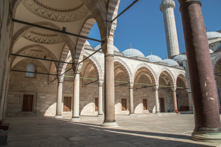 Istanbul, Turkey, 25 March 2019: Suleymaniye Mosque in summer, Turkey. Suleymaniye Mosque is a famous landmark of Istanbul. Sunny view of courtyard of the Suleymaniye Camii. Magnificent Ottoman architectureのeditorial素材