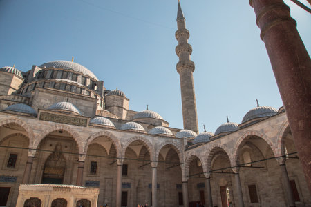 Istanbul, Turkey, 25 March 2019: Suleymaniye Mosque in summer, Turkey. Suleymaniye Mosque is a famous landmark of Istanbul. Sunny view of courtyard of the Suleymaniye Camii. Magnificent Ottoman architectureのeditorial素材
