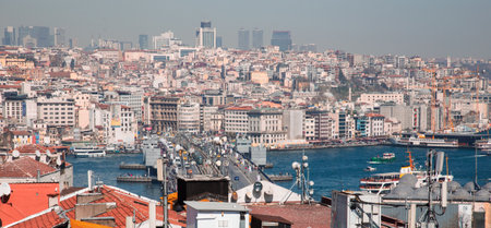 Istanbul, Turkey, 25 March 2019: Galata Bridge and old centre of Istanbul. Galata Bridge over the Golden Horn is a famous landmark of Istanbul. Panoramic view of Istanbul city from above at sunsetのeditorial素材