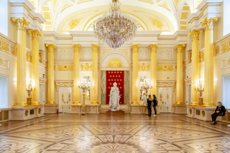 Moscow, Russia, 23 October 2019: Statue of Empress Catherine the Great in golden hall of Great Tsaritsyn Palace in museum reserve Tsaritsyno. Russian palace white and golden interiorのeditorial素材
