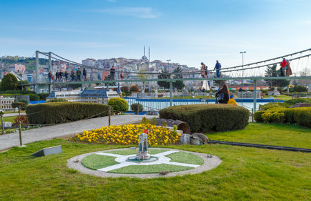Istanbul, Turkey - March 23, 2019: Miniaturk is a miniature park at the north-eastern shore of Golden Horn in Istanbul. The park contains 122 models. Panoramic view of Miniaturkのeditorial素材