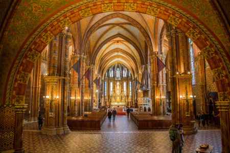 Budapest, Hungary, March 22 2018: The interior of the Church of the Assumption of the Buda Castle. It is more commonly known as the Matthias Church and was built in the 14th centuryのeditorial素材