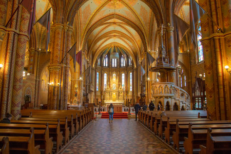 Budapest, Hungary, March 22 2018: The interior of the Church of the Assumption of the Buda Castle. It is more commonly known as the Matthias Church and was built in the 14th centuryのeditorial素材