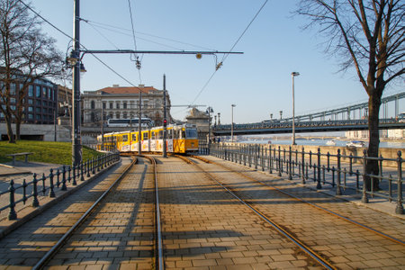 Budapest, Hungary, March 22 2018: Ganz CSMG tram number 19 near Buda Castle in the city of Budapest in Hungary. In operation since 1866, the Budapest tram network is one of worldのeditorial素材