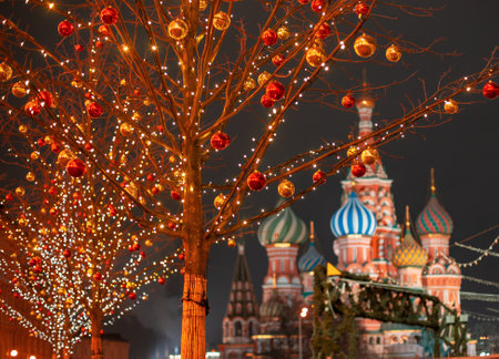 Moscow. Russia. New year entertainment on red square. Kremlin. St.Basil Cathedral. Red square is decorated for Christmas. Preparing for holiday. Winter trip to the capital of the Russian Federationの写真素材