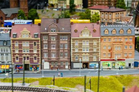 Saint Petersburg, Russia - December 9, 2019: Miniature colorful building model objects on the exhibition of Grand maket Russia, layout of major cities, roads and Railways of the countryのeditorial素材