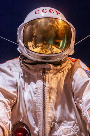 Saint Petersburg, Russia - December 8, 2019: Russian astronaut spacesuit in space museum that was developed for space missions. The space suit of an astronaut from the first Russian launch on spaceのeditorial素材