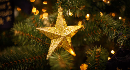 Christmas tree with gold bauble ornaments. Decorated Christmas tree closeup. Balls and illuminated garland with flashlights. New Year baubles macro photo with bokeh. Winter holiday light decorationの写真素材