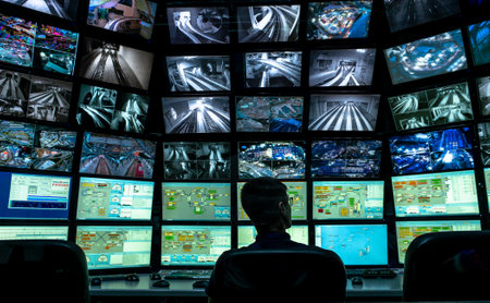 Saint Petersburg, Russia - December 9, 2019: Rear view of man looking at multiple computer screens. Monitoring system with multiple displays on the exhibition of Grand maket Russia layoutのeditorial素材