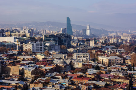 Tbilisi, Georgia - December 31 2019: View of the roofs of houses in the center of Tbilisi. Old city and tiled roofs in Georgiaのeditorial素材