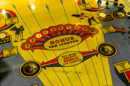Budapest, Hungary - March 25, 2018: Pinball museum. Pinball table close up view of vintage machineのeditorial素材