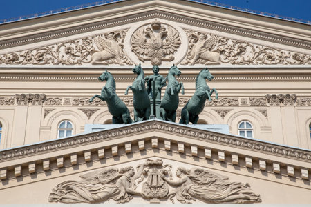 Moscow, Russia. September 4, 2018: Bolshoi Theatre. Front exterior building facade of Bolshoi...