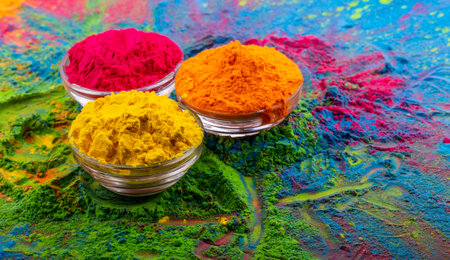 Holi color powder. Organic Gulal colours in bowl for Holi festival, Hindu tradition festive. Bright vibrant pigment closeupの写真素材