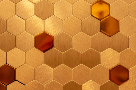 Golden hexagon cell tiling on the luxury decoration interior with modern financial business concept about cryptocurrency block chain cyber system of future banking technology.の写真素材