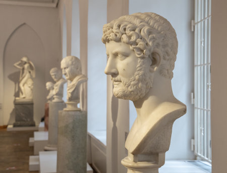 Moscow, Russia. September 29, 2020: Ancient statue heads. Plaster sculpture mans faces. Sculpture...
