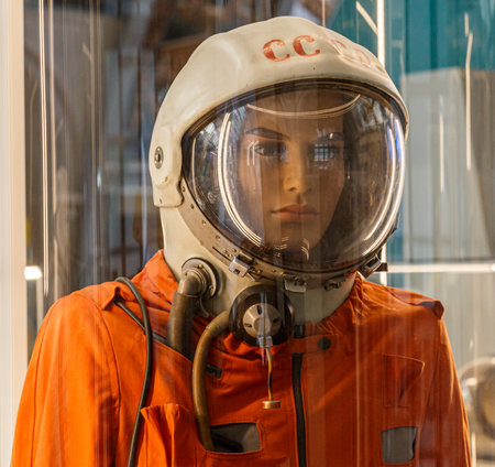 Moscow, Russia - November 28, 2018: Russian astronaut spacesuit SK-1 that was developed specially for Yuri Gagarin. Skafandr Kosmicheskiy number oneのeditorial素材