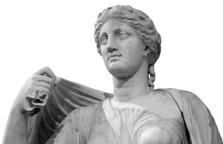 Ancient white marble sculpture bust of Hygieia. Goddess of good health, cleanliness, and sanitation. Statue of woman isolated on whiteの写真素材