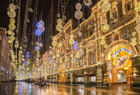 Moscow, Russia - February 04, 2020: People on illuminated Nikolskaya street of Moscow city at night it connects Red Square and Lubyanka Squareのeditorial素材