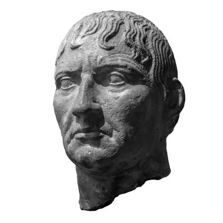 Head detail of the ancient man sculpture. Stone face isolated on white background. Antique marble...