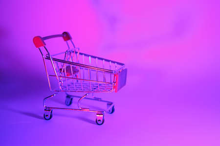 Shoping trolley with in trendy neon light. Gradient pink-blue glow. Concept art. Retro 80s. Minimalism shopping concept. Toy shopping trolley, neonの写真素材