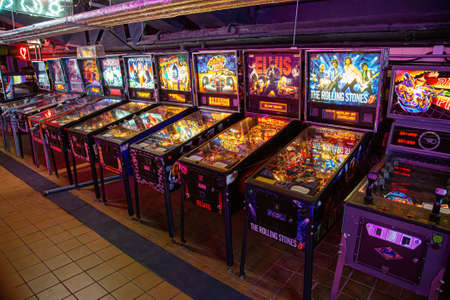 Moscow, Russia - April 29, 2021: Pinball museum. Pinball table close up view of vintage game machineのeditorial素材