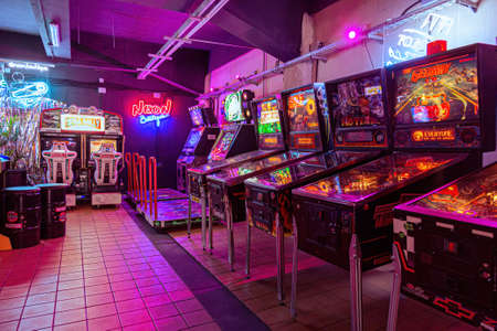 Moscow, Russia - April 29, 2021: Pinball museum. Pinball table close up view of vintage game machine