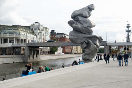 Moscow, Russia - August 24, 2021: Monumental sculpture work, Big Clay number 4 made by the Swiss artist Urs Fischer. Contemporary modern installation art at Bolotnaya Embankmentのeditorial素材