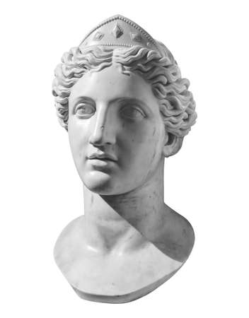 Gypsum copy of ancient statue Venus head isolated on white background. Plaster sculpture woman faceの写真素材