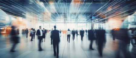 business people walking through office blurredの素材