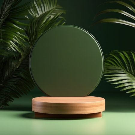 Cosmetics product advertising stand. Exhibition wooden podium on green background with palm leaves and shadows. Empty pedestal to display product packagingの素材