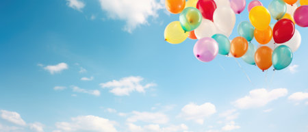 A large bunch of yellow Helium ballons straining on their strings against a sunny sky with white clouds.の素材