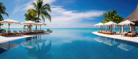 Beautiful luxury umbrella and chair around outdoor swimming pool in hotel and resort with coconut palm tree on blue sky - vacation and holiday conceptの素材