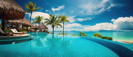 Beautiful luxury umbrella and chair around outdoor swimming pool in hotel and resort with coconut palm tree on blue sky - vacation and holiday conceptの素材