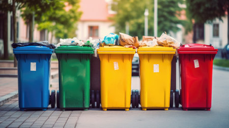 Garbage in colored trash cans with sorted garbage. Sorting garbage by material and type. Environmental protection, ecology.の素材